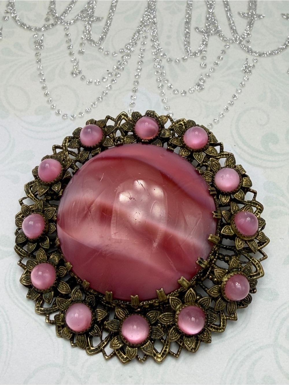 Pink Vintage Czech Filigree Brooch #cz97